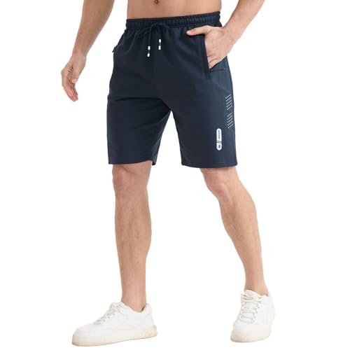 Men's Athletic Shorts with Zipper Pockets - Casual Gym Workout Running Sweat Cotton, Blue, X-Large