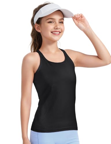 Girls Athletic Tank Top with Built-In Bra - Racerback Dance Top 13-14 Years Black