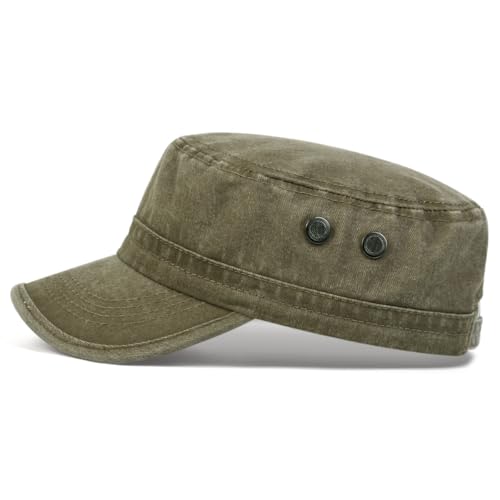 Malaxlx Military Cadet Army Cap for Men Women ? Washed Cotton Vintage Adjustable Flat Top Hat