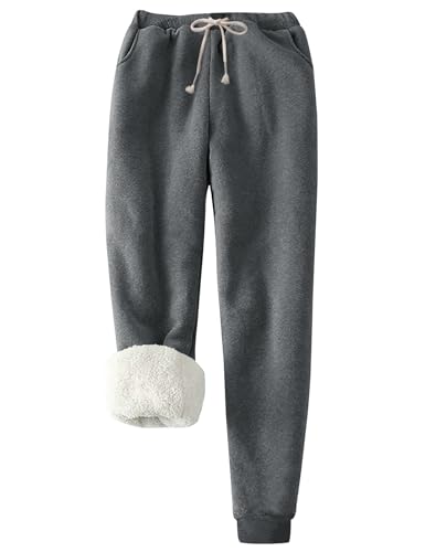 Flygo Womens Winter Fleece Joggers with Pockets - Sherpa Lined Pants, Small Dark Grey