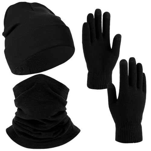 Womens Winter Hat Scarf Gloves Set, Thick Beanie Glove Neck Warmer for Women Men, Warm Winter Stretchy Knit Gloves Hat