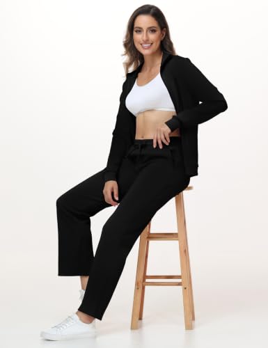 Women's Modal Tracksuit Set Full Zip Jacket & Straight Leg Pants - Small, Black