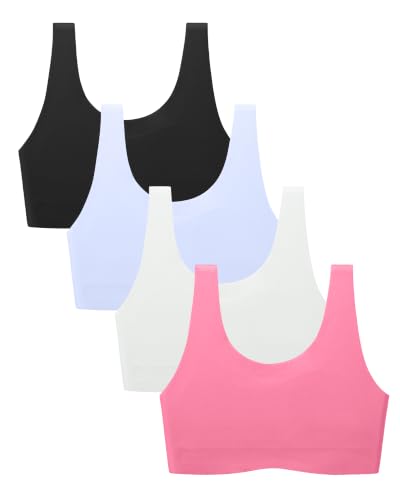 Girls Seamless Sports Bras - Training & Comfort, Medium / Black + Bone White + Pink + Blue