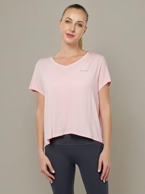 GRAMVAL Tie Back Womens T Shirts, Short Sleeves V Neck Open Back Tee Tops Athletic Workout Gym Yoga Sweatshirts Pink S