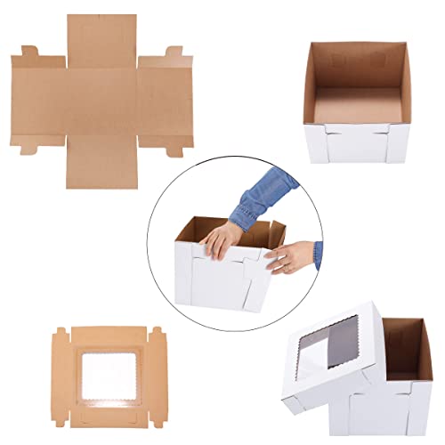 Tall Cake Boxes 10x10x12 Inch 3 Pack with Transparent Top Window, Recyclable Kraft Cardboard, Adjustable Height for Tier Cakes & Gifts