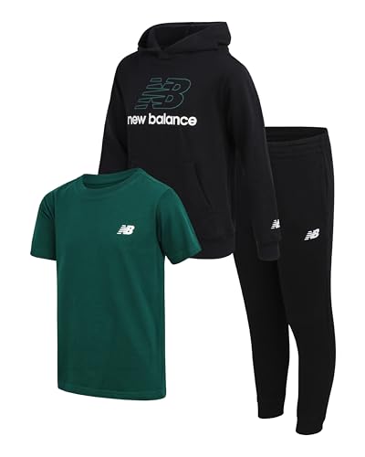 New Balance Boys 3-Piece Pullover Hoodie, Graphic Tee & Jogger Pants Set - Deep Black, Size 8