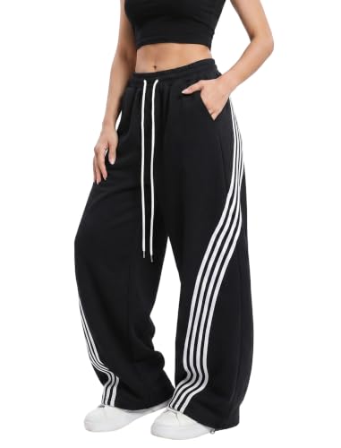 Women's Wide Leg Sweatpants Baggy Barrel Y2K Lounge Pants - Medium Black with White Stripes