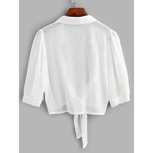 ZAFUL Women's Bikini Swimwear Cover Up Semi-Sheer V Neck Button Up Top Shirt Blouse Beachwear