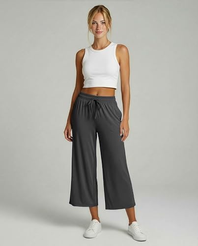 Women's Gaucho Wide Leg Capris Set of 3 - High Waist Loose Crop Pants with Pockets, Large