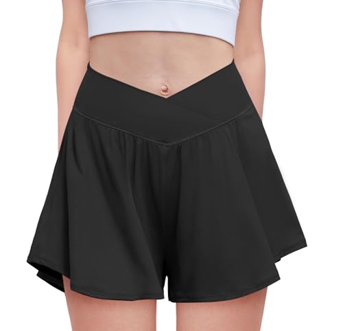Girls Athletic Shorts with Pockets - Crossover Design, 11-12 Years - Black