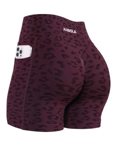 AUROLA Leopard Seamless Athletic Shorts with Pockets - Medium Leo Black Cherry
