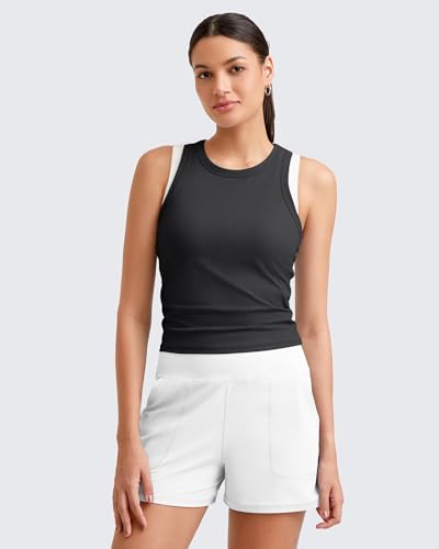 G4Free Women's Ribbed Workout Tank Top - Slim Fit Racerback Yoga Top with No Built-in Bra - Medium Black