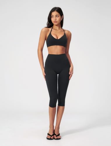 ABOCIW Capri Workout Sets for Women Small Black V Neck Sports Bra High Waist Leggings