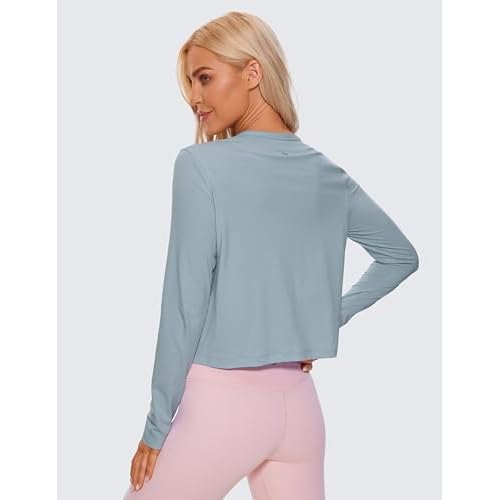 CRZ YOGA Pima Cotton Long Sleeve Workout Shirts for Women Loose Cropped Tops Athletic Sports T-Shirt