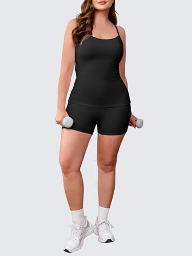 Plus Size Workout 2 Piece Set for Women - Black Halter Tank Top & High Waisted Biker Shorts
