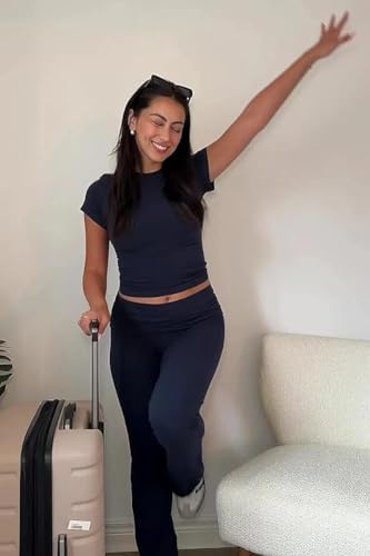 ZFLM Casual Workout Two Piece Outfits for Women Black Medium - Crop Top & Flare Pants Set