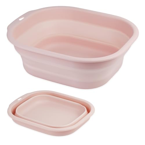 Pink Collapsible Wash Basin Set of 2 Portable Folding Plastic Bins for Laundry & Camping