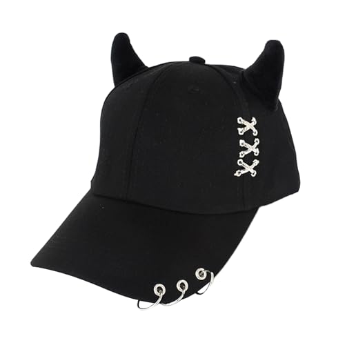 Trendy Adjustable Trucker Hat with Devil Horns, Metal Ring Casual Baseball Cap Women Men, Breathable Cotton K-pop Cap
