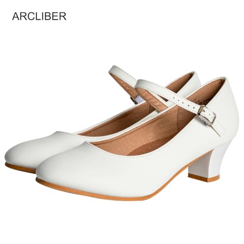 Women’s Character Dance Shoes Ankle Strap Heels 1.55 Inch - White 7 - Ballroom Salsa Tango