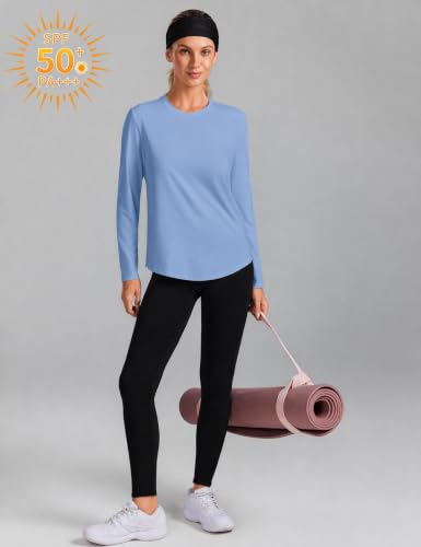 PINSPARK Women's Long Sleeve Workout Top - Medium Blue Athletic Hiking Shirt