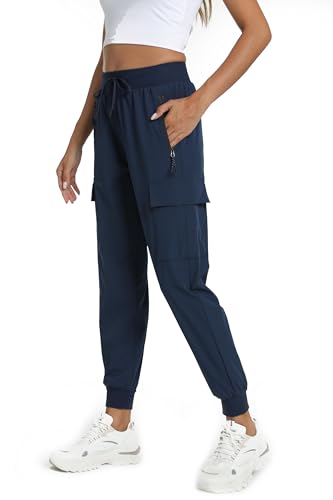Women's Cargo Hiking Pants with 4 Pockets - Lightweight Water-Resistant, Large, Navy Blue