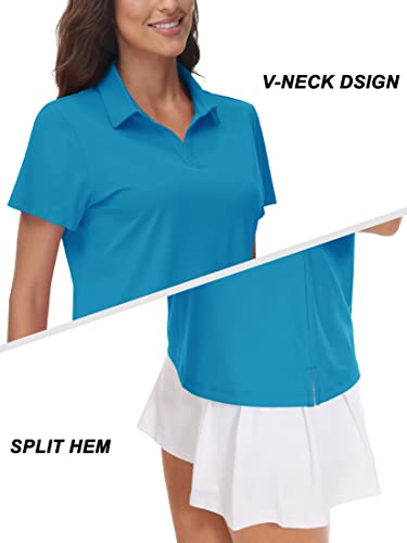 Women's V-Neck Polo Shirt UPF 50+ Sun Protection Short Sleeve Golf Collared Top - Green & Blue, Large