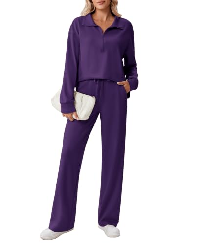 PINSPARK 2 Piece Women’s 1/2 Zip Sweatsuit Set Fall Outfit - Tall / Medium / Deep Purple