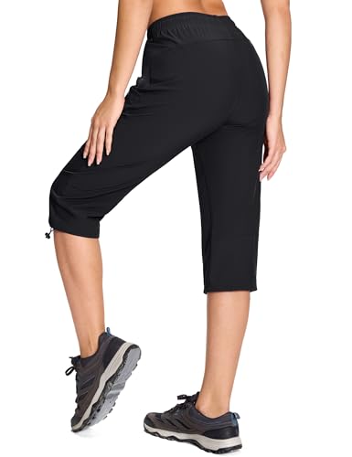 Women's Black Medium Cargo Capri Pants with 5 Pockets - Lightweight Quick Dry UPF 50+ Summer Travel Golf Casual
