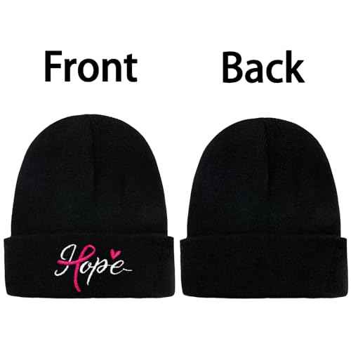 Waldeal Breast Cancer Awareness Beanie Hat for Women, Knit Cuffed Embroidered Pink Ribbon Warm Winter Cap, Black