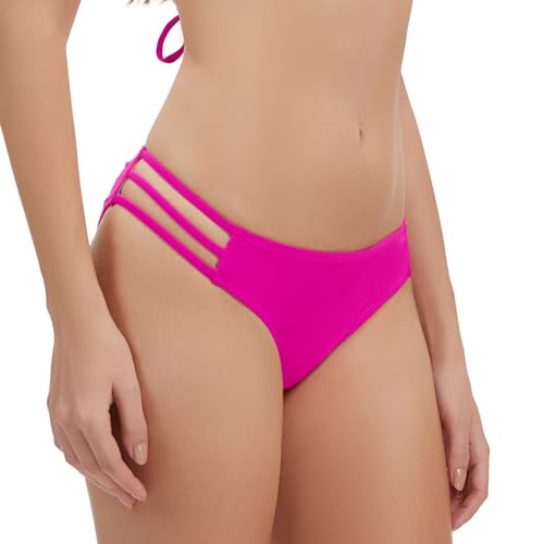 Women's Cheeky Bikini Bottom Low Rise Strappy Swimsuit - Hot Pink Medium