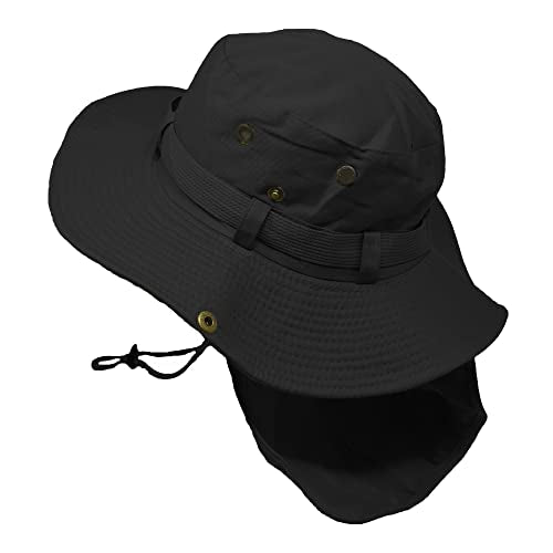 Glory Max Bucket Boonie Hat with Neck Flap Cover Sun Safari Wide Brim Fishing Garden Hiking Cap (Black)