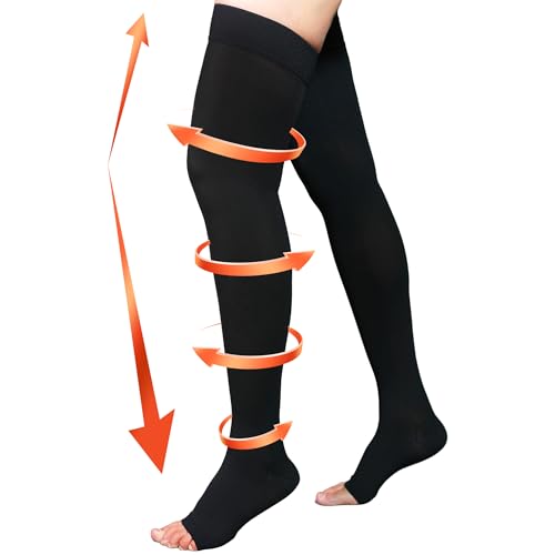 Large Open Toe Thigh High Compression Socks Women 20-30 mmHg Black