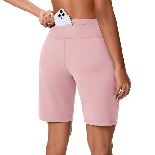 Women’s Bermuda Shorts with Zipper Pocket, High Waist, Long Fit - Pink, Medium