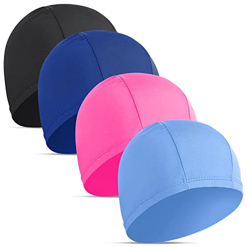 4 Pack Durable Non-Waterproof Fabric Swim Caps for Women Men Kids - Rose Red & Dark Blue & Blue & Black