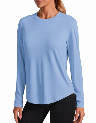 PINSPARK Women's Long Sleeve Workout Top - Medium Blue Athletic Hiking Shirt