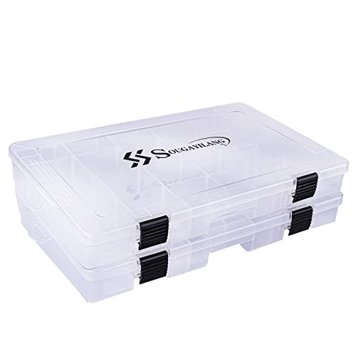 Sougayilang 3700 Fishing Tackle Trays - 14x8.7x1.8 Inch Plastic Storage Organizer with Removable Dividers - 2 Pack