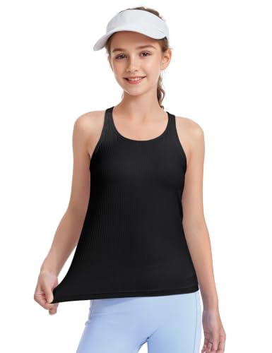 Girls Athletic Tank Top with Built-In Bra - Racerback Dance Top 13-14 Years Black