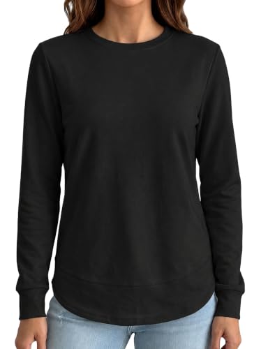 AURUZA Women's Long Sleeve Crewneck Sweatshirt Black Large Fall Casual Loose Fit Pullover