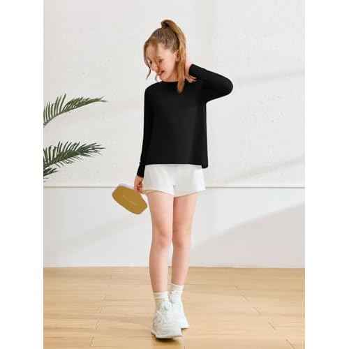 Haloumoning Girls Athletic Shirts Kids Long Sleeve Workout Tops Split Back Quick Dry T-Shirt 5-14Y