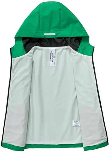 Kids Waterproof Rain Jacket - Green, 11-12 Years, Lightweight Windbreaker Hooded