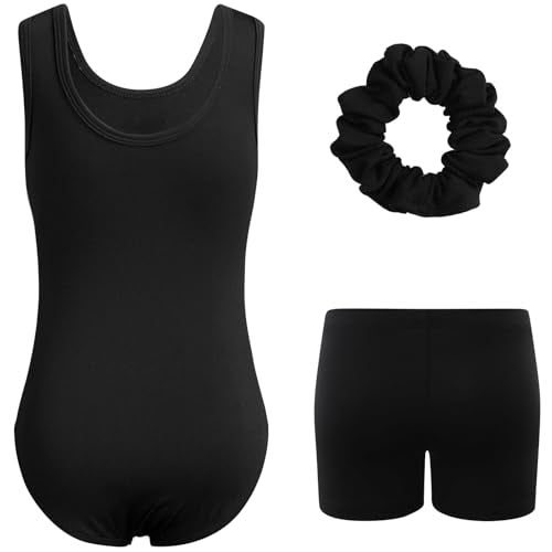 Kids Gymnastics Leotard Outfit with Sparkly Bow Back Biketard & Tumbling Shorts - Black Floral, 9-10 Years