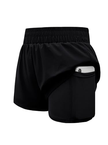 Girls High Waist Athletic Shorts 2-in-1 Running Shorts for 10-12 Years - Black