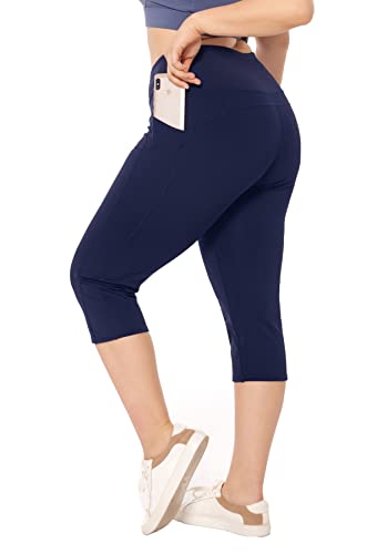2X Navy Plus Size Women's Leggings with Pockets High Waist Tummy Control