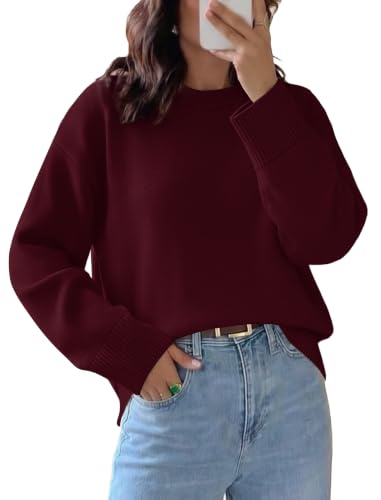 Women's Sweaters Crew Neck Fall Tops - Long Sleeve Fashion Clothing - Medium Wine Red