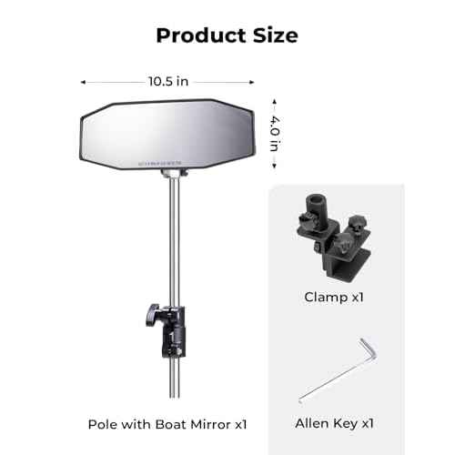 KEMIMOTO Pontoon Boat Mirror Rear View with Telescoping Pole, 10.5¡° x 4¡± Extra Large 360¡Æ Adjustable Marine Mirror for Pontoon Rail or Bimini Top, Ski Boats Water Skiing, Pontoon Boat Accessories