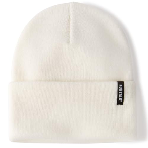 Unisex Knit Beanie Hat for Men Women - Cream White, One Size Winter Cuffed Skull Cap