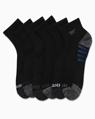 Reebok Men's Quarter Socks with Arch Support - Black 6 Pack