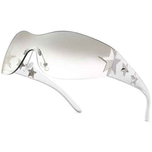 Rimless Y2K Sunglasses Star Wrap Around Glasses 2000S Accessories for Women Men Trendy Fashion Cool Shield Shades