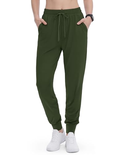 Women's Olive Green Joggers with Pockets - Lightweight Athletic Lounge Pants, 27" Inseam, X-Large