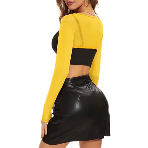 Century Star Mesh Crop Tops for Women See Through Shrug Long Sleeve Open Front Fishnet Cover Up Sexy Rave Outfits Sheer